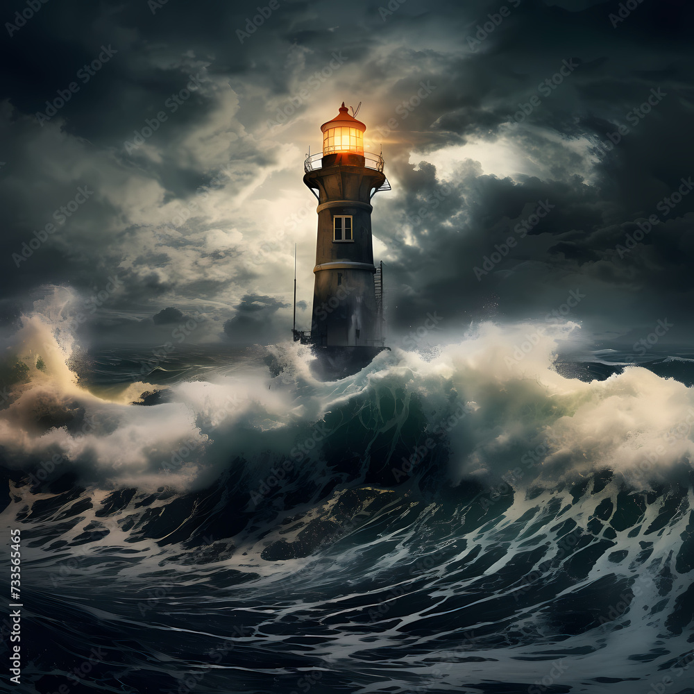 Floating lighthouse in the middle of a stormy sea.