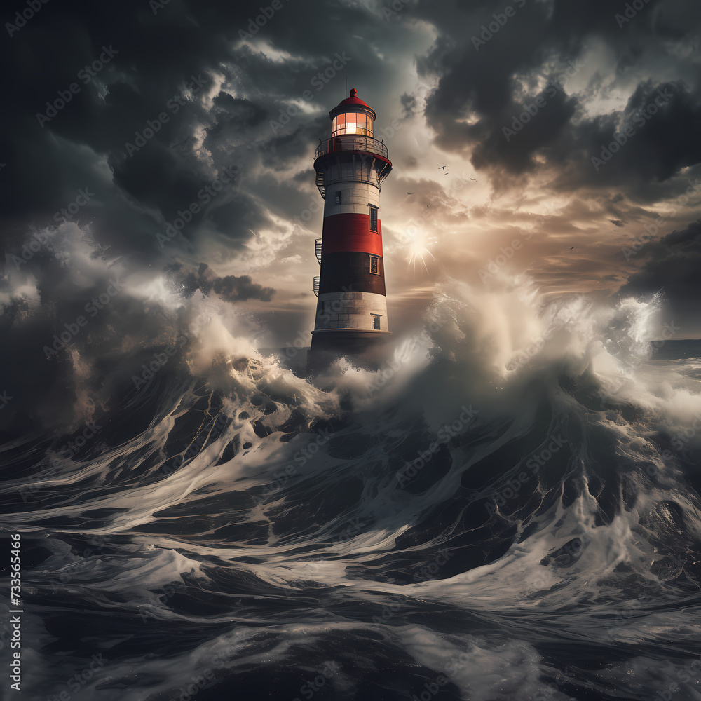Floating lighthouse in the middle of a stormy sea.