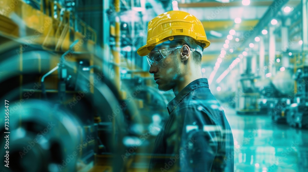 factory's lathe machines at work with an engineer monitoring, double exposure effect factory's lathe machines at work with an engineer monitoring, double exposure effect