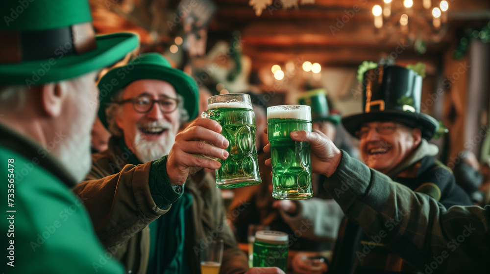 Fototapeta premium Cheerful men in festive green costumes and hats, enjoying saint patricks day with glasses of green beer at a traditional irish pub
