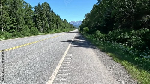 Narrow, endless straight road leads through dense forests, no traffic, Stewart Cassiar Highway, British Columbia, Canada, North America photo