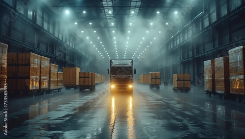Truck driving into misty warehouse at night, reflection on wet floor