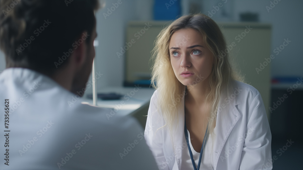 Despaired sad young caucasian lady doctor