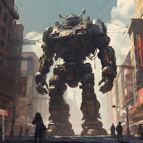 Giant robot standing tall in a cityscape.