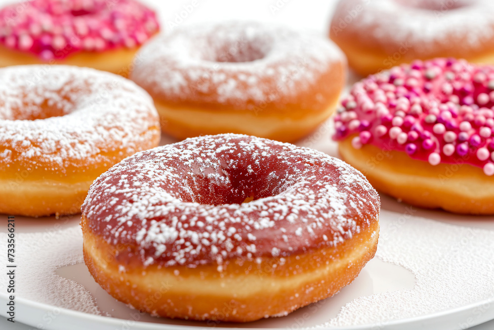 Donuts with powdered sugar on white plate
