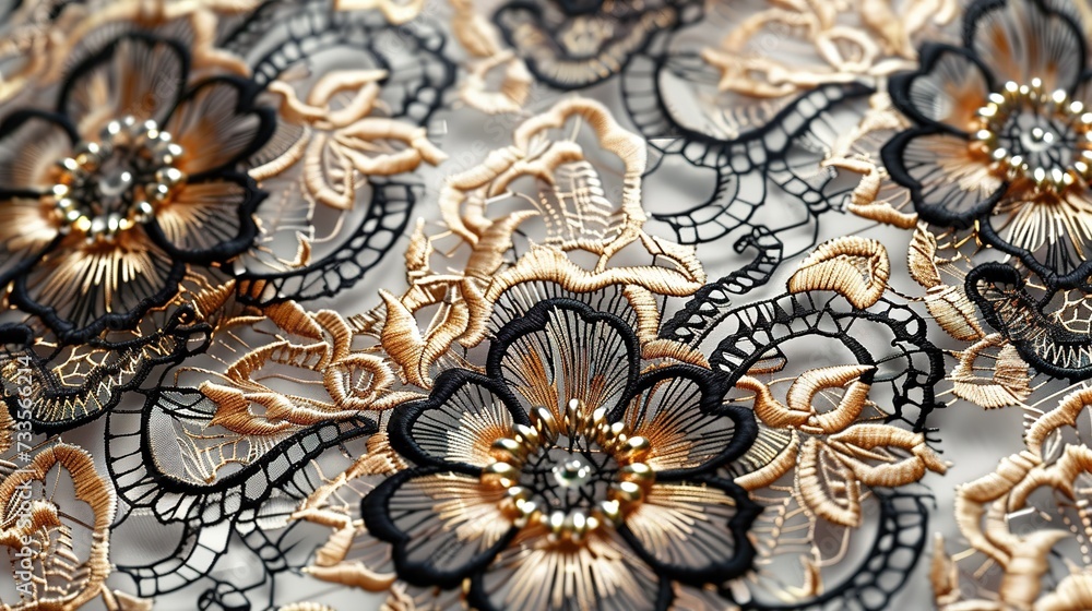 
Elegant realistic black and gold embroidered lace background. Floral pattern