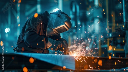Industrial welder in action welding sparking bokeh in factory © kittikunfoto