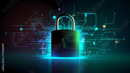 Security system on cyber technology neon light background, protect personal data