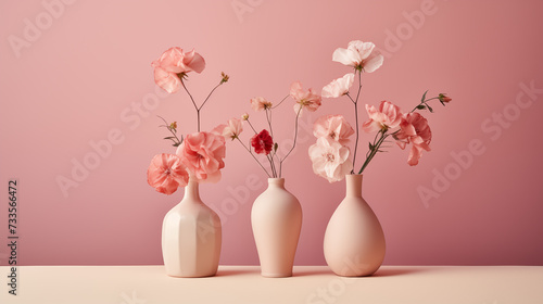 Elegant Vases with Blooming Flowers on Pink Background © Maksym