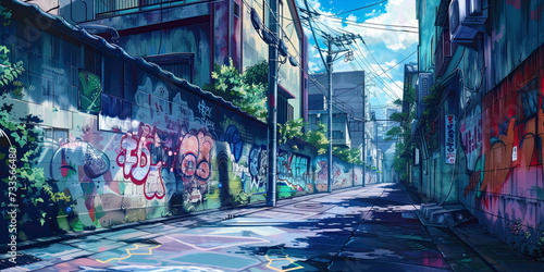 Anime urban street wall, city background graffiti illustration graphic, empty streets, generated ai   © dan
