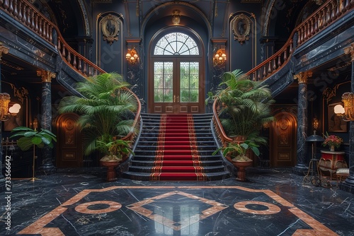 
Entrance of a luxury mansion or castle, Art Nouveau style, colors black gold, marble floor hall, large center stairs, crystal chandelier,
ballroom, grand hotel, lobby photo