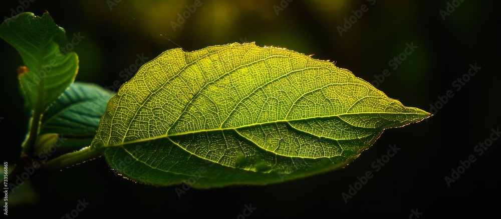 Leaf illuminated by intense light against a dark backdrop. Leaf illuminated by intense light against a dark backdrop.
