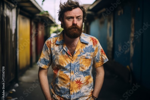 Portrait of a handsome bearded hipster man in a colorful shirt