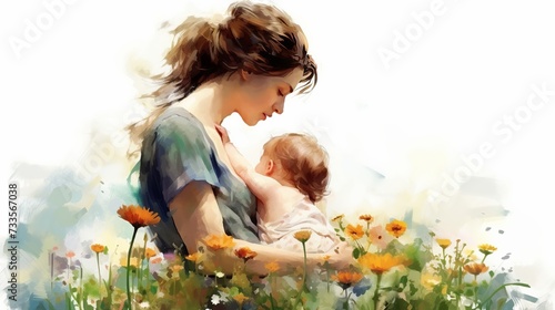 Illustration of mother with her little child, flower in the background, mother day daughter, isolated on white background, Generative ai #733567038