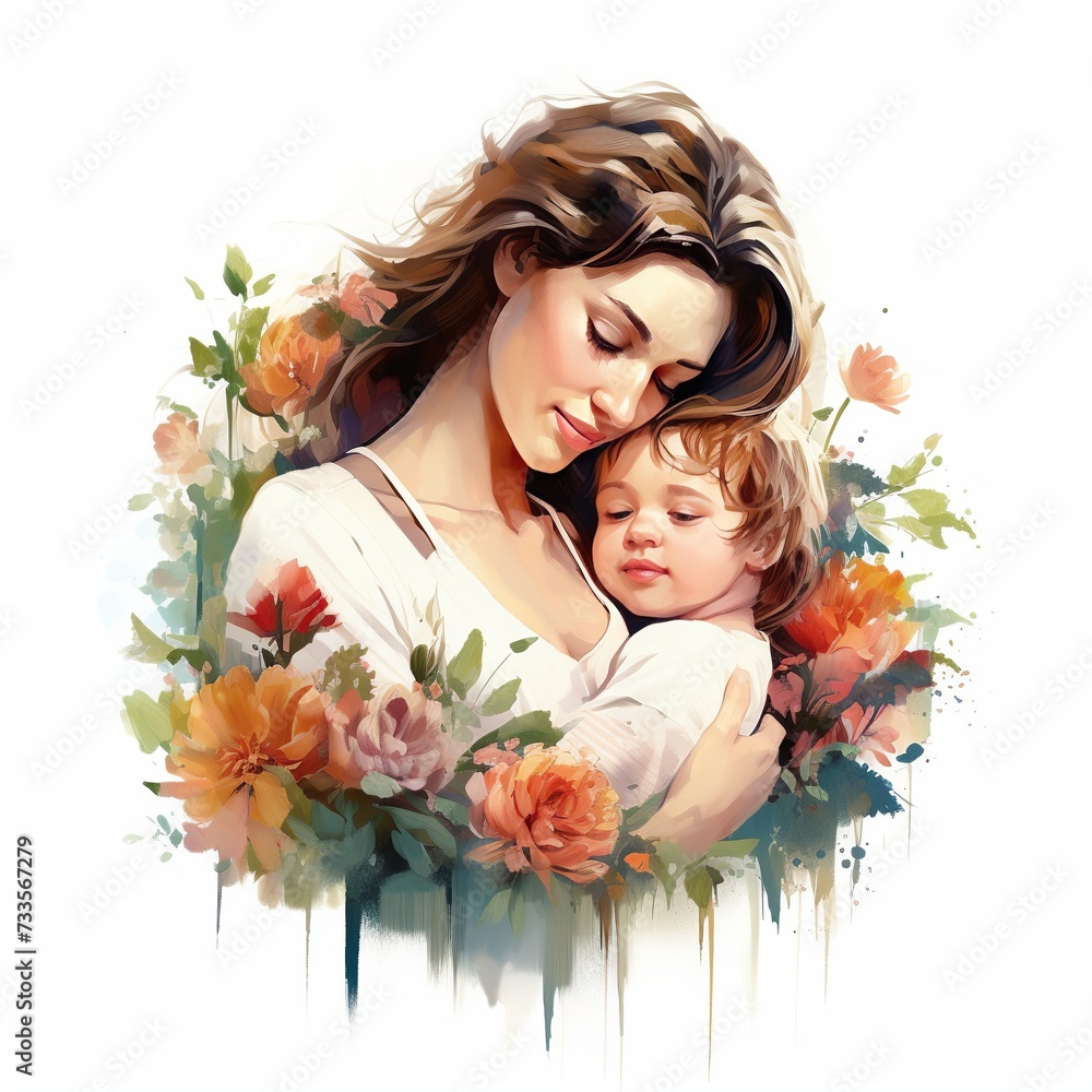 Illustration of mother with her little child, flower in the background, mother day daughter, isolated on white background, Generative ai