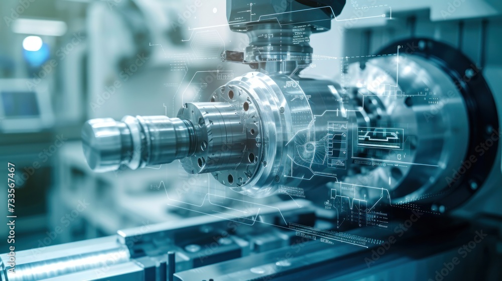In the manufacturing facility, the AI robotic arm expertly controls the automated welding lathe, while an overlay HUD provides real-time data for optimal performance In the manufacturing facility, the AI robotic arm expertly controls the automated welding lathe, while an overlay HUD provides real-time data for optimal performance