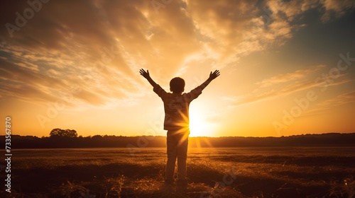 A little boy raises his hands above the sunset sky, enjoying life and nature. Happy kid on a summer field looking at the sun. Silhouette of a male child in the sun. Fresh air, environment concept.