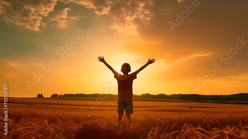 A little boy raises his hands above the sunset sky, enjoying life and nature. Happy kid on a summer field looking at the sun. Silhouette of a male child in the sun. Fresh air, environment concept.