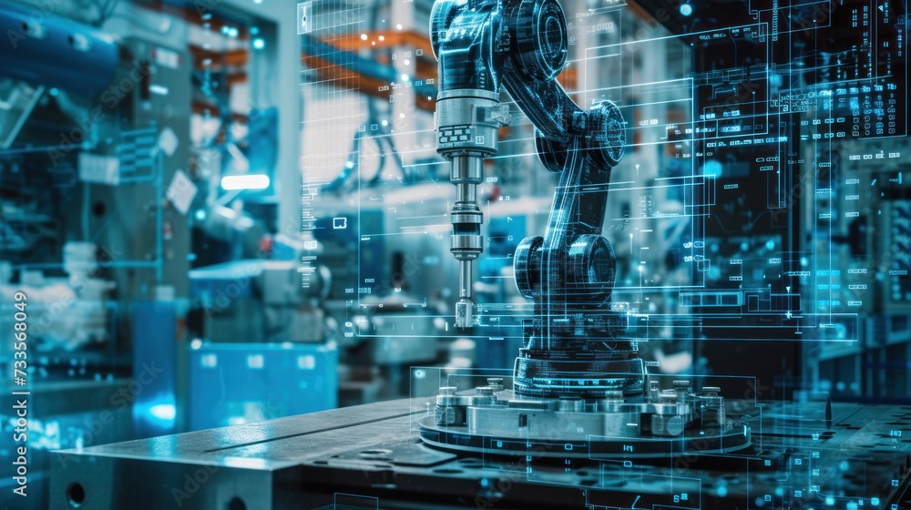 The steel fabrication process is enhanced by the AI robotic arm, which expertly welds components, emitting sparks as a testament to its precision. The steel fabrication process is enhanced by the AI robotic arm, which expertly welds components, emitting sparks as a testament to its precision.