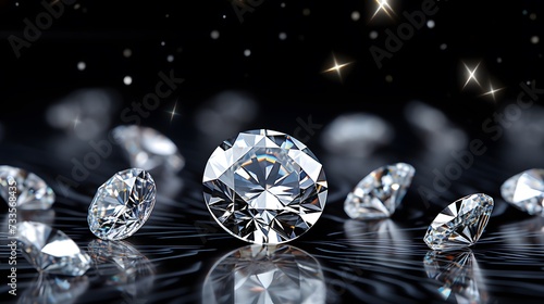 Brilliant cut diamonds sparkle intensely, scattered on a reflective surface with a soft focus on the background, highlighting the gem's exquisite facets and clarity.