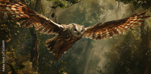 An owl in agile flight through dense woodland