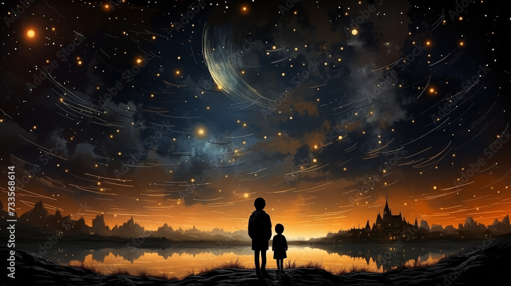 Sous un ciel étoilé, deux amis partagent une couverture et des rêves, pointant vers les constellations, se promettant d'explorer ensemble l'infini. - obrazy, fototapety, plakaty 