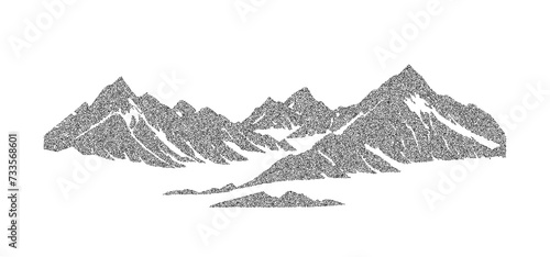 Stippled grain mountain range illustration. Dotted landscape terrain silhouette. Black white grainy hill chain. Grunge noise mount peak background. Pointillism texture wallpaper. Dot work style vector