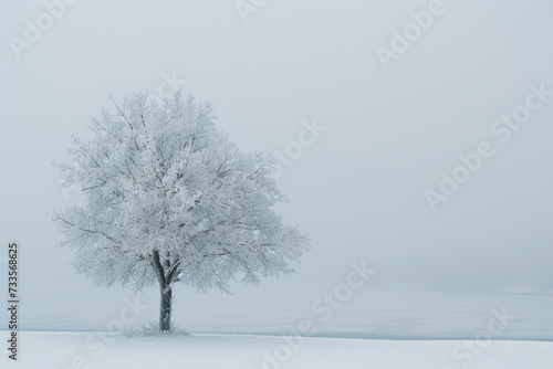 A lone tree cloaked in ice against a pristine snowy backdrop