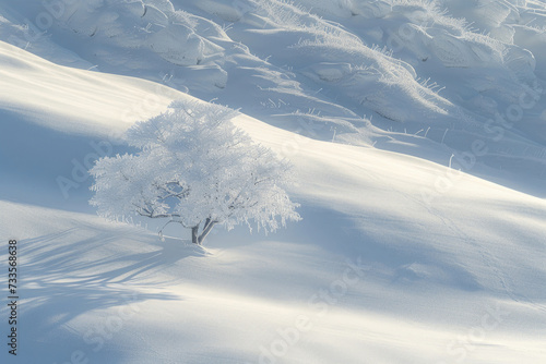 A lone tree cloaked in ice against a pristine snowy backdrop © Venka