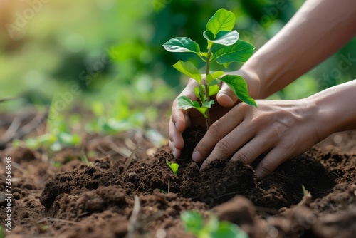 Close-up of hands nurturing a young plant in fertile soil, symbolizing growth and environmental care.