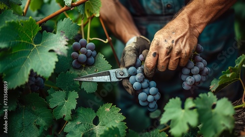 Vine growers are skilled farmers who use scissors to neaten up the vineyard and space, Generative AI.