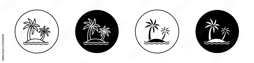 Palms on Island Icon Set. Coconut caribbean sea vector symbol in a black filled and outlined style. Palmtree at desert Sign.