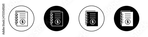 Financial Log Icon Set. Coin ledger accounting vector symbol in a black filled and outlined style. Fiscal Chronicles Sign.