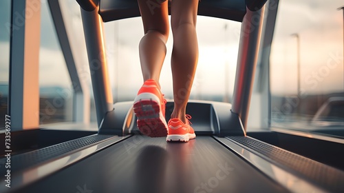 Close-up of a woman's feet on the treadmill, training in the gym or at home 