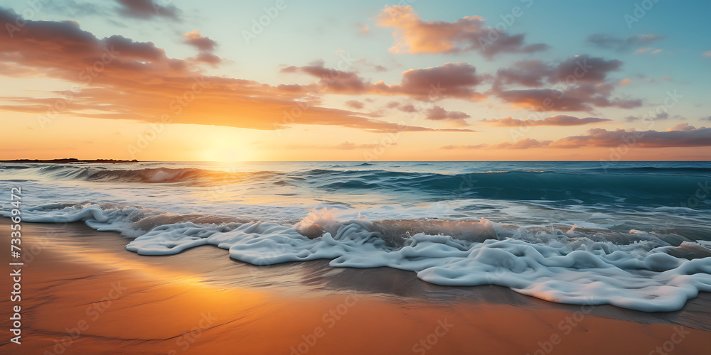 Beautiful seascape. Sunrise over the sea. 3d render