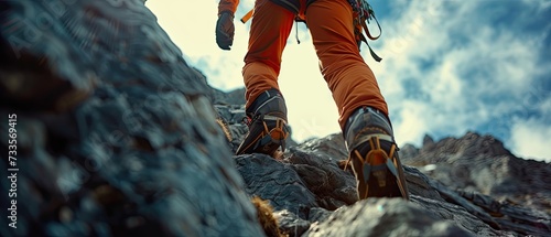 A mountaineer climbing a steep, rocky slope against a mountain backdrop Generative AI