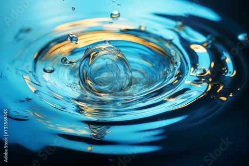 Close-up of a single water droplet creating ripples on a blue surface.