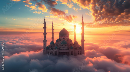 Magnificent mosque towers above the clouds against the backdrop of a clear evening sky amidst a sea of clouds