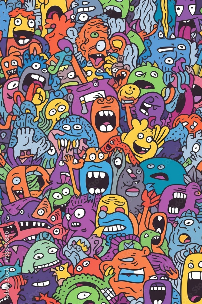 Fototapeta premium Illustration of colorful doodle crowd cute alien and monster Created with Generative AI technology.