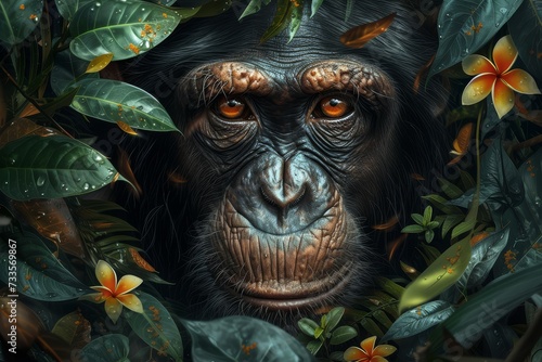 A portrait of a chimpanzee with a thoughtful expression, set against a rich backdrop of jungle leaves and flowers. © GreenMOM