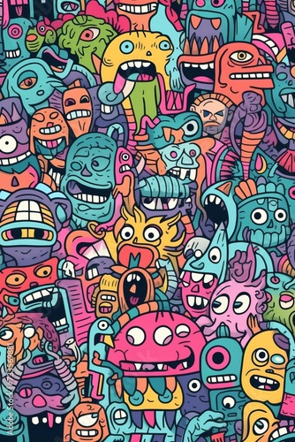 Illustration of colorful doodle crowd cute alien and monster Created with Generative AI technology.
