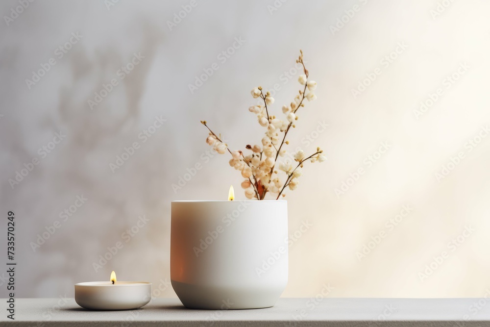 A minimalistic composition featuring a white candle and delicate flower arrangement against a soft backdrop. A minimalistic composition featuring a white candle and delicate flower arrangement against a soft backdrop.