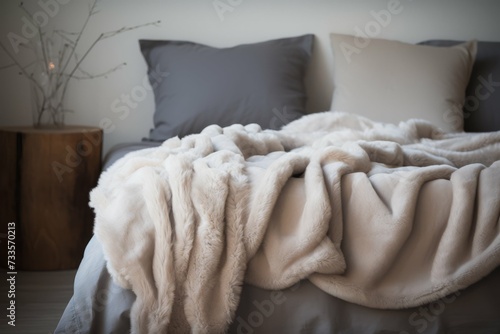 A serene bedroom setting featuring a plush bed with a luxurious faux fur blanket in a minimalist decor.