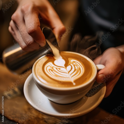 A skilled barista pouring steamed milk into a coffee cup, creating intricate latte art with precision.