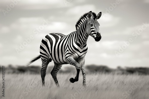 A striking zebra in motion across the savannah  its stripes contrasting beautifully against the grasslands.