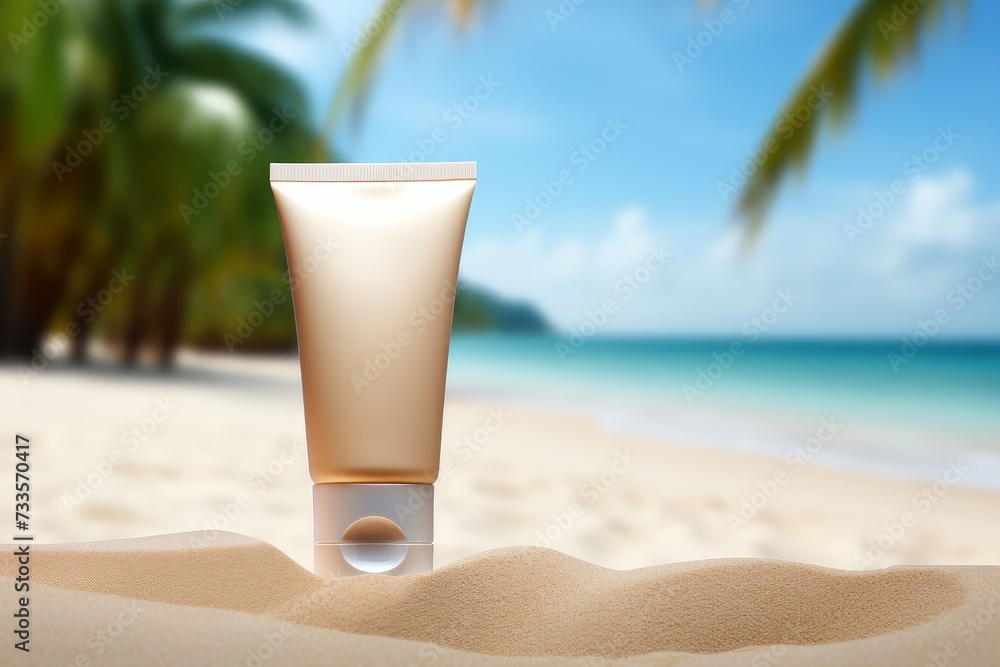 Sunscreen lotion on sandy beach. Summer beach, vacation concept, UVA and UVB protection cosmetics. Mock up, copy space. Sunscreen lotion on sandy beach. Summer beach, vacation concept, UVA and UVB protection cosmetics. Mock up, copy space.