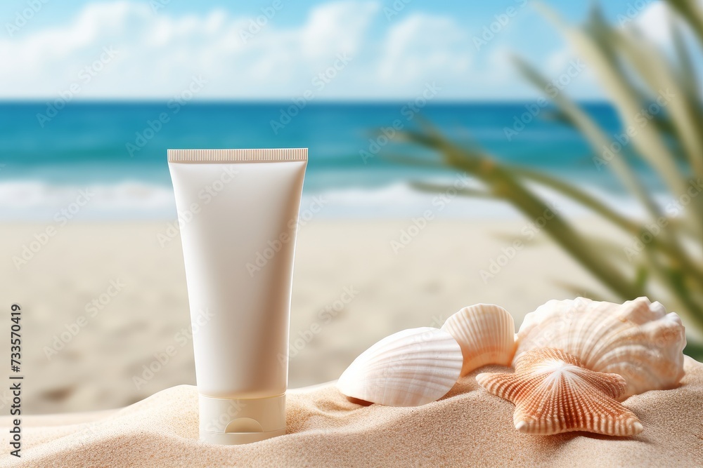 Sunscreen lotion, sea shells and starfish on sandy beach. Summer beach, vacation concept, UVA and UVB protection cosmetics. Mock up, copy space. Sunscreen lotion, sea shells and starfish on sandy beach. Summer beach, vacation concept, UVA and UVB protection cosmetics. Mock up, copy space.