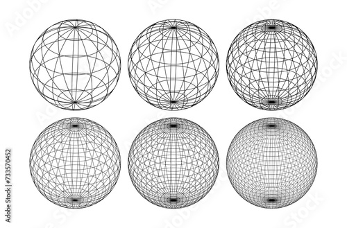 Globe grid spheres. Striped 3D spheres, geometry globe grid, earth latitude and longitude line grid vector symbol set. Spherical grid globe shapes. Illustration globe striped, global geography surface