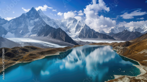 Scenic views of mountain glaciers and their pristine lakes