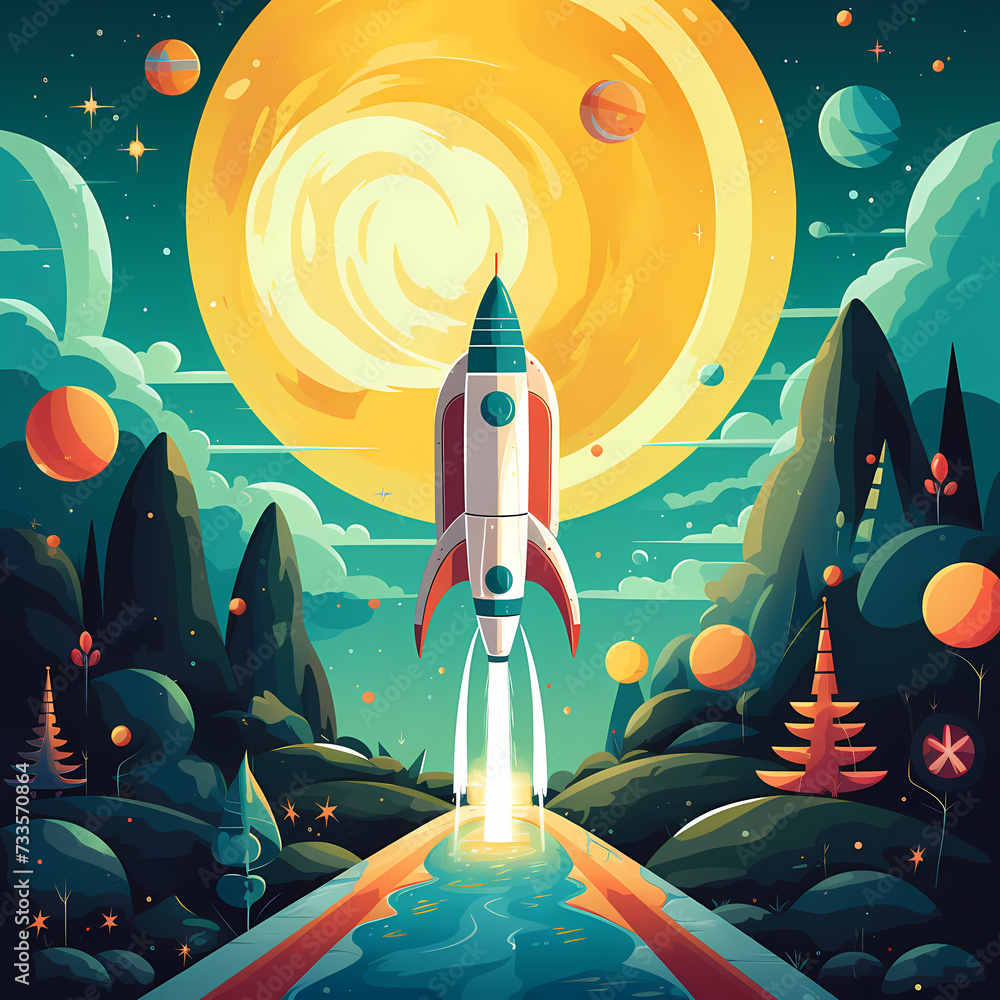 Retro space exploration with a rocket and planets.